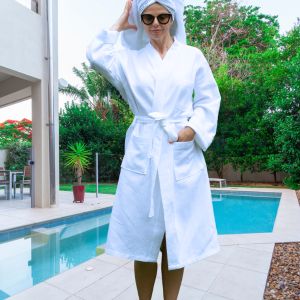 UWRAPT Womens Lightweight Waffle Robes - 100% Cotton, Mid-Length, Long Sleeves, White (Large)