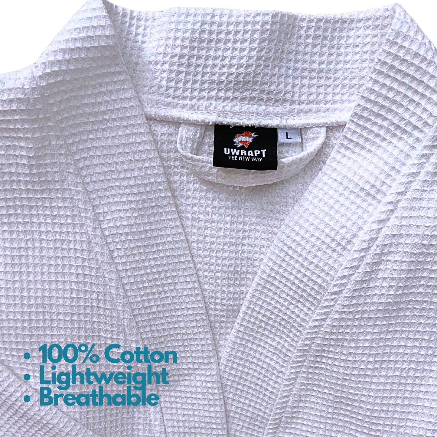 UWRAPT Womens Lightweight Waffle Robes - 100% Cotton, Mid-Length, Long Sleeves, White (Large)