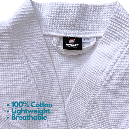 UWRAPT Womens Lightweight Waffle Robes - 100% Cotton, Mid-Length, Long Sleeves, White (Large)