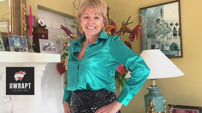 UWRAPT Teal Green Satin Blouses for Women - Teal Green, Long Sleeve, Elegant & Chic Casual Style Dressy Top Blouse (S-XL)