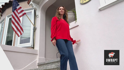 Women’s Red V Neck Blouse - Long Sleeve Shirt Smocked Cuffs Red Casual Dressy Top Women (S-XL)