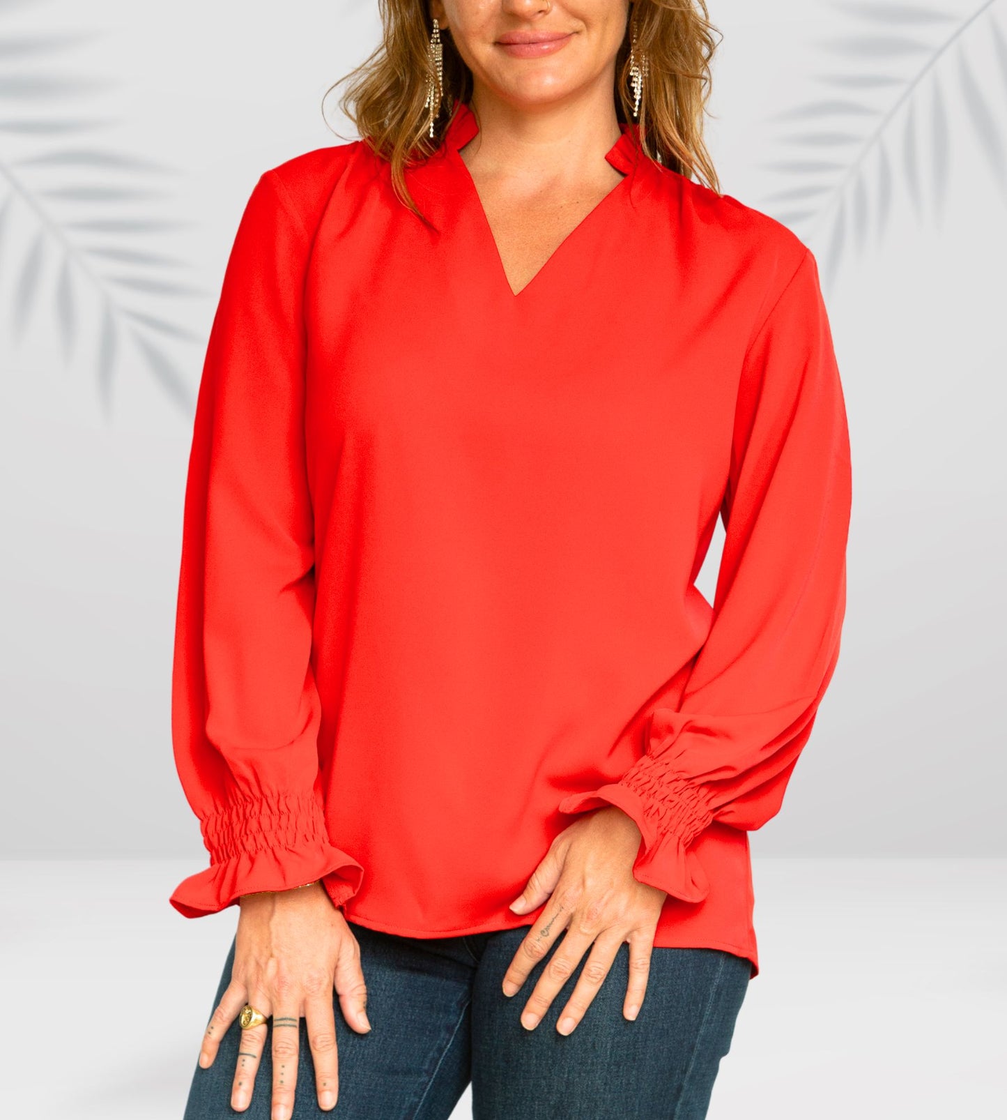 Women’s Red V Neck Blouse - Long Sleeve Shirt Smocked Cuffs Red Casual Dressy Top Women (S-XL)