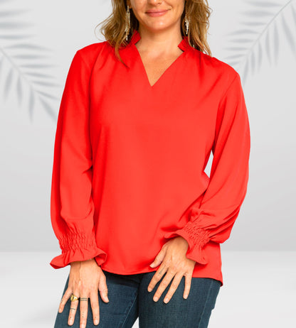 Women’s Red V Neck Blouse - Long Sleeve Shirt Smocked Cuffs Red Casual Dressy Top Women (S-XL)