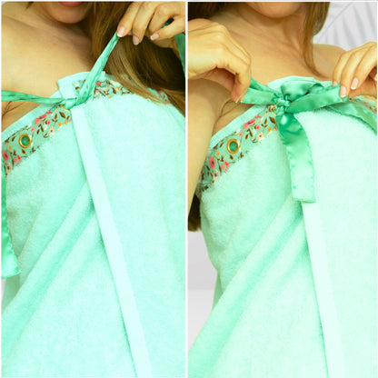 UWRAPT - Green Towel + Wrap All-in-One with Adjustable Tie Closure. No Hook & Loop. No Elastic. No Buttons. No Snaps. Simply Wrap, Tie, & Go! | 100% Cotton, Soft, Absorbent, Lightweight for After Shower, Spa, Sauna, Pool, Travel