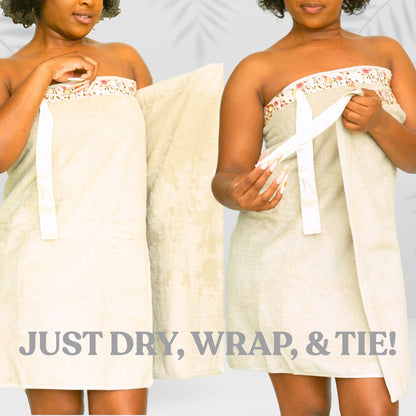 UWRAPT - Light Brown Towel + Wrap All-in-One with Adjustable Tie Closure. No Hook & Loop. No Elastic. No Buttons. No Snaps. Simply Wrap, Tie, & Go! | 100% Cotton, Soft, Absorbent, Lightweight for After Shower, Spa, Sauna, Pool, Travel
