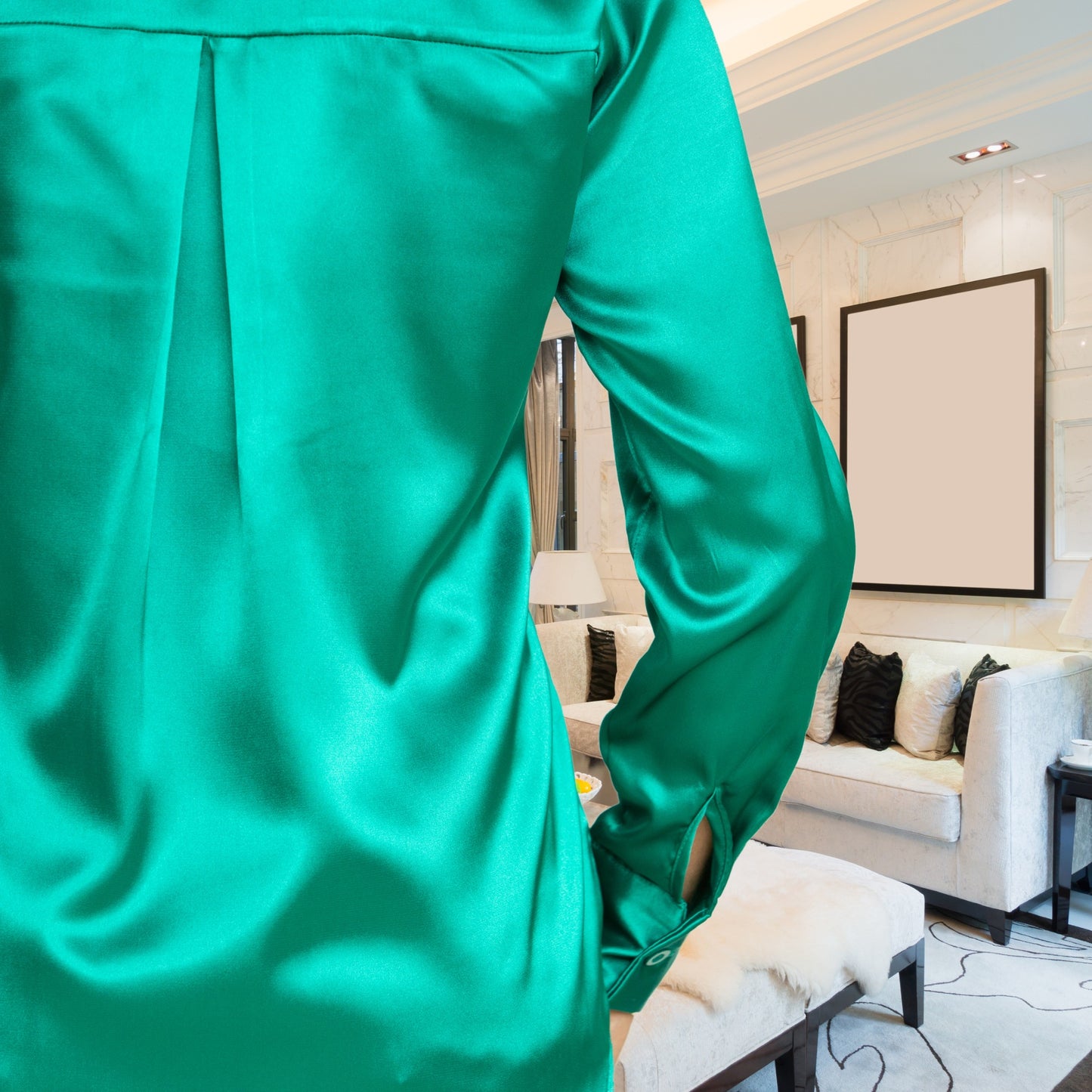 Green Satin Blouses for Women - Teal Green, Long Sleeve, Elegant & Chic Casual Style Dressy Top Blouse (S-XL)