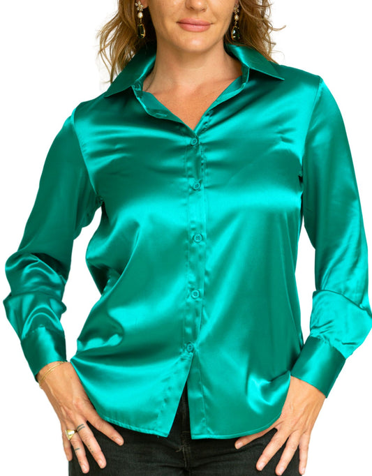 Green Satin Blouses for Women - Teal Green, Long Sleeve, Elegant & Chic Casual Style Dressy Top Blouse (S-XL)